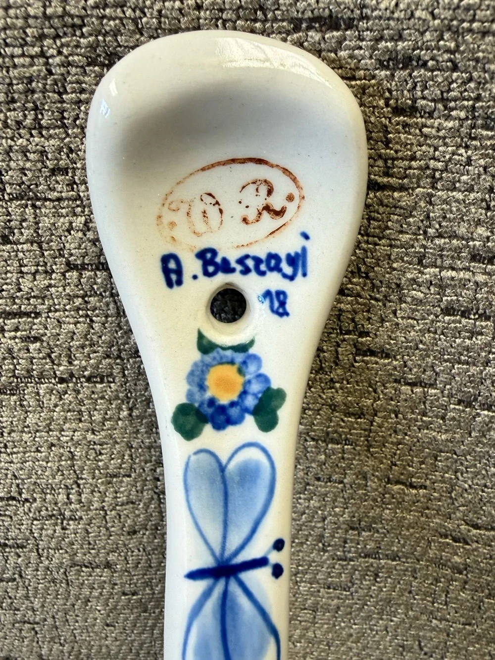 Polish Pottery Blue Butterfly & Floral Ceramic Large Ladle Signed A. Beszayi.